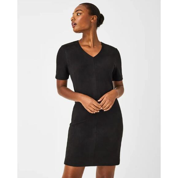 Spanx Faux Suede Column V-Neck Short Sleeve Dress Black XL - Picture 1 of 13